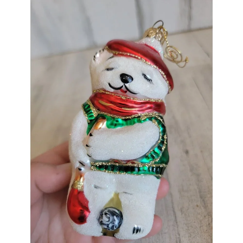 Vintage polar bear glitter‎ blown glass golf ornament Xmas